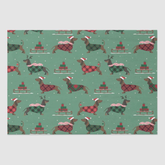 Christmas Dachshunds Wearing Sweater & Santa Hat Tissue Paper (Front)