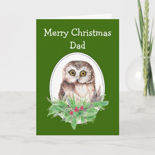 Christmas Dad Cute Owl Bird Holly PIne Holiday Card (Front)
