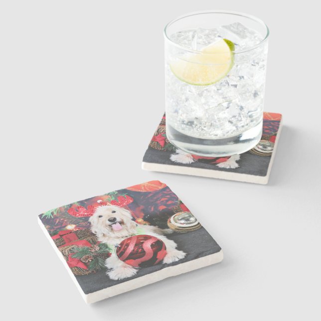 Christmas - Daisy - Goldendoodle Stone Coaster (Side)