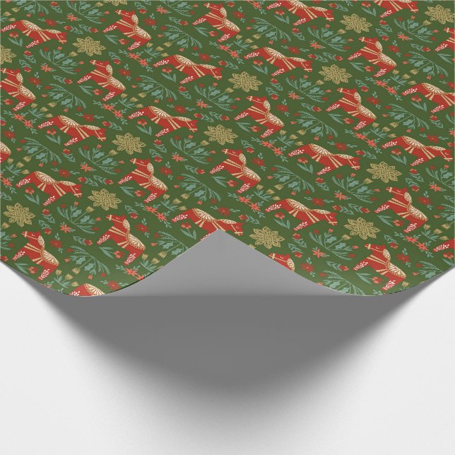 Christmas Dala Horse green Wrapping Paper (Corner)