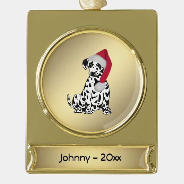Christmas Dalmatian Personalized Date Gold Plated Banner Ornament (Front)