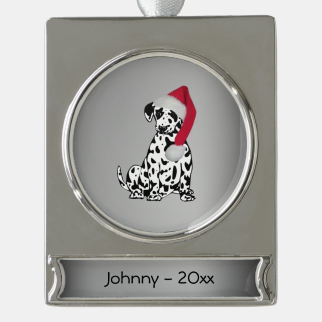 Christmas Dalmatian Personalized Date Silver Plated Banner Ornament (Front)