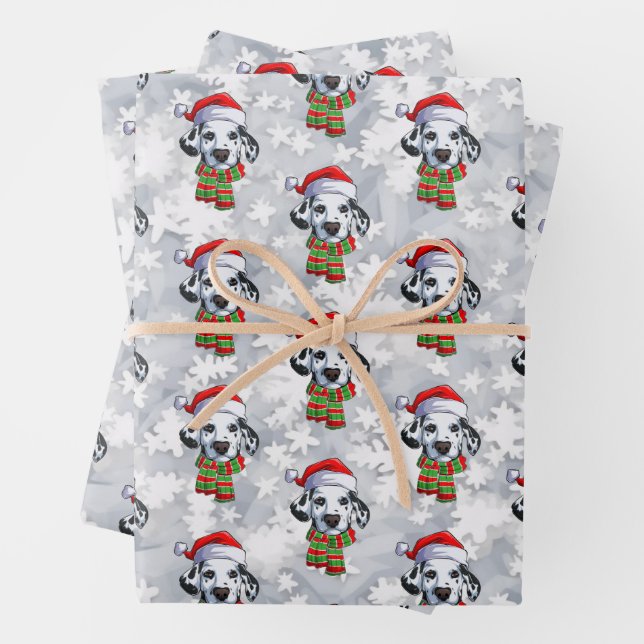 Christmas Dalmatian Wearing Santa Hat and Scarf Wrapping Paper Sheets (In situ)
