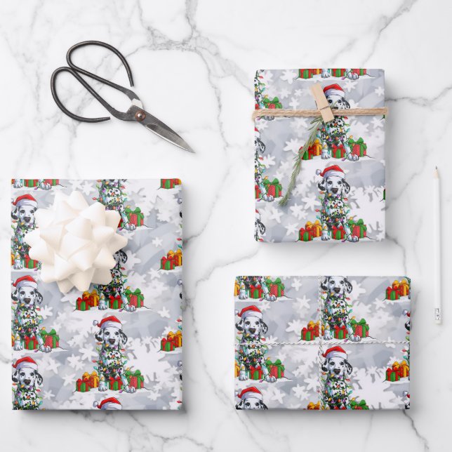 Christmas Dalmatian Wearing Santa Hat Lights Cute Wrapping Paper Sheets (Front)