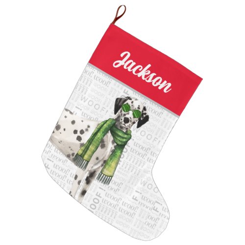 Christmas Dalmatian with Dogs Name Large Christmas Stocking
