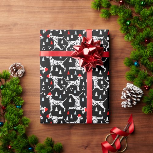 Christmas Dalmatians in Santa Hats Black Holiday Wrapping Paper