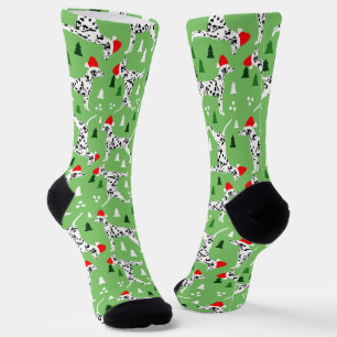 Christmas Dalmatians in Santa Hats Green Holiday Socks