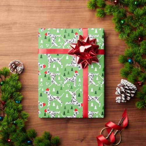Christmas Dalmatians in Santa Hats Green Holiday Wrapping Paper
