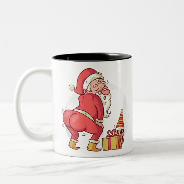 Christmas dancing twerking santa claus elf pajamas Two-Tone coffee mug (Left)