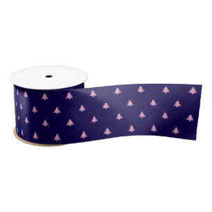 Christmas Dark Blue and Pale Pink Christmas Trees Satin Ribbon