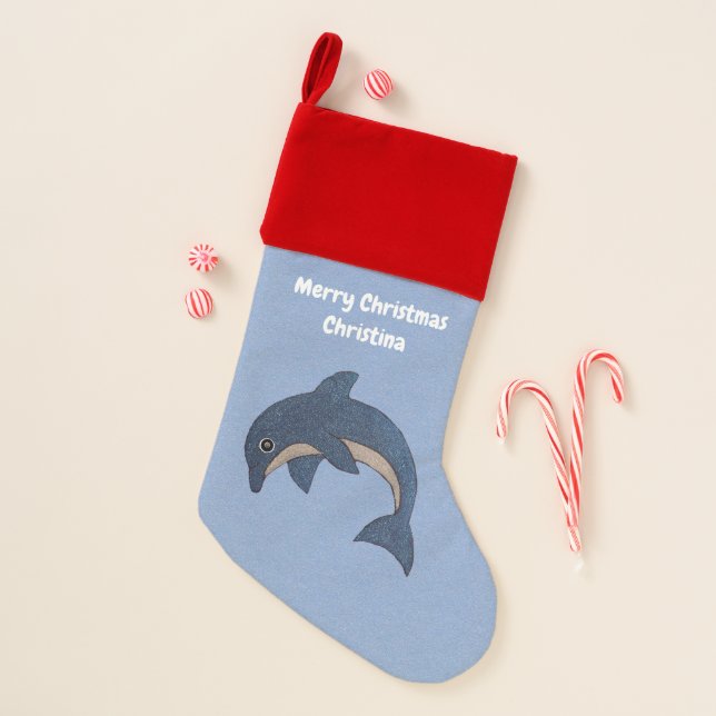 Christmas Dark Blue White Glittery Dolphin Jumping Stocking (Front)