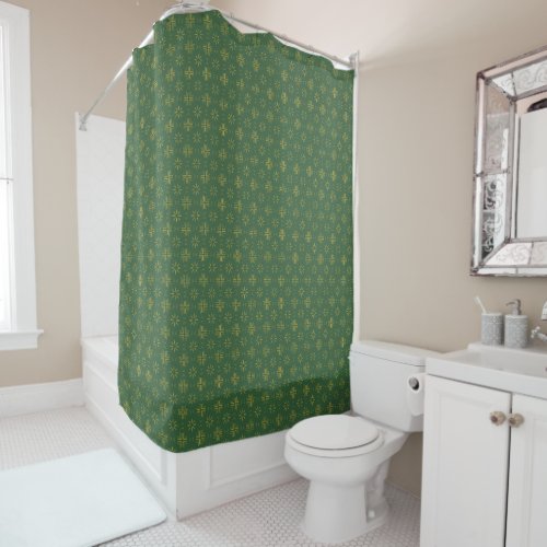 Christmas Dark Green and Gold Festive Pattern Shower Curtain