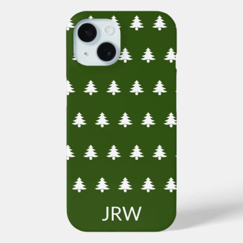 Christmas Dark Green and White Trees and Monogram iPhone 15 Case
