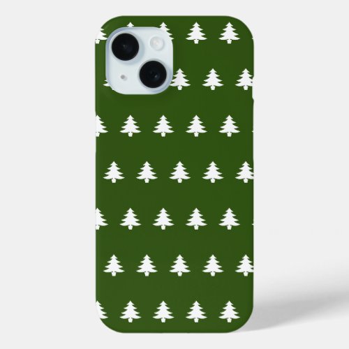 Christmas Dark Green and White Trees Pattern iPhone 15 Case