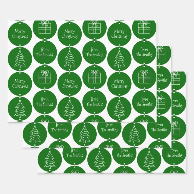 Christmas Dark Green Circles Custom Family Name Wrapping Paper Sheets (Set)