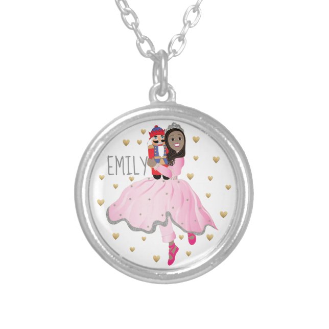 Christmas Dark Haired Ballerina Clara Silver Plated Necklace (Front)