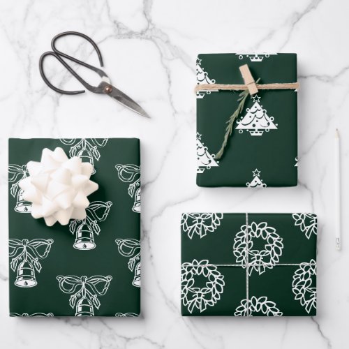 Christmas dark pine green cute assorted patterns  wrapping paper sheets