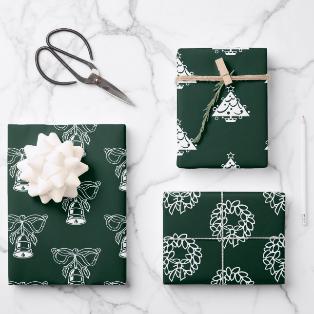 Christmas dark pine green cute assorted patterns  wrapping paper sheets (Front)