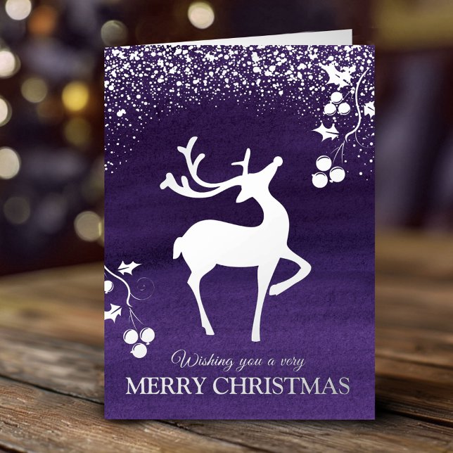 Christmas dashing reindeer silver purple custom foil holiday card (Creator Uploaded)