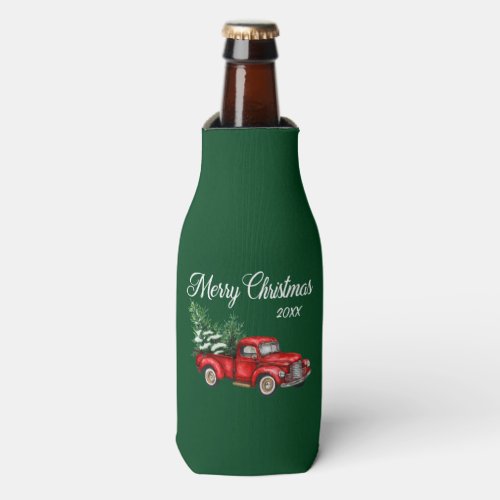 Christmas Date Watercolor Vintage Red Truck Green Bottle Cooler