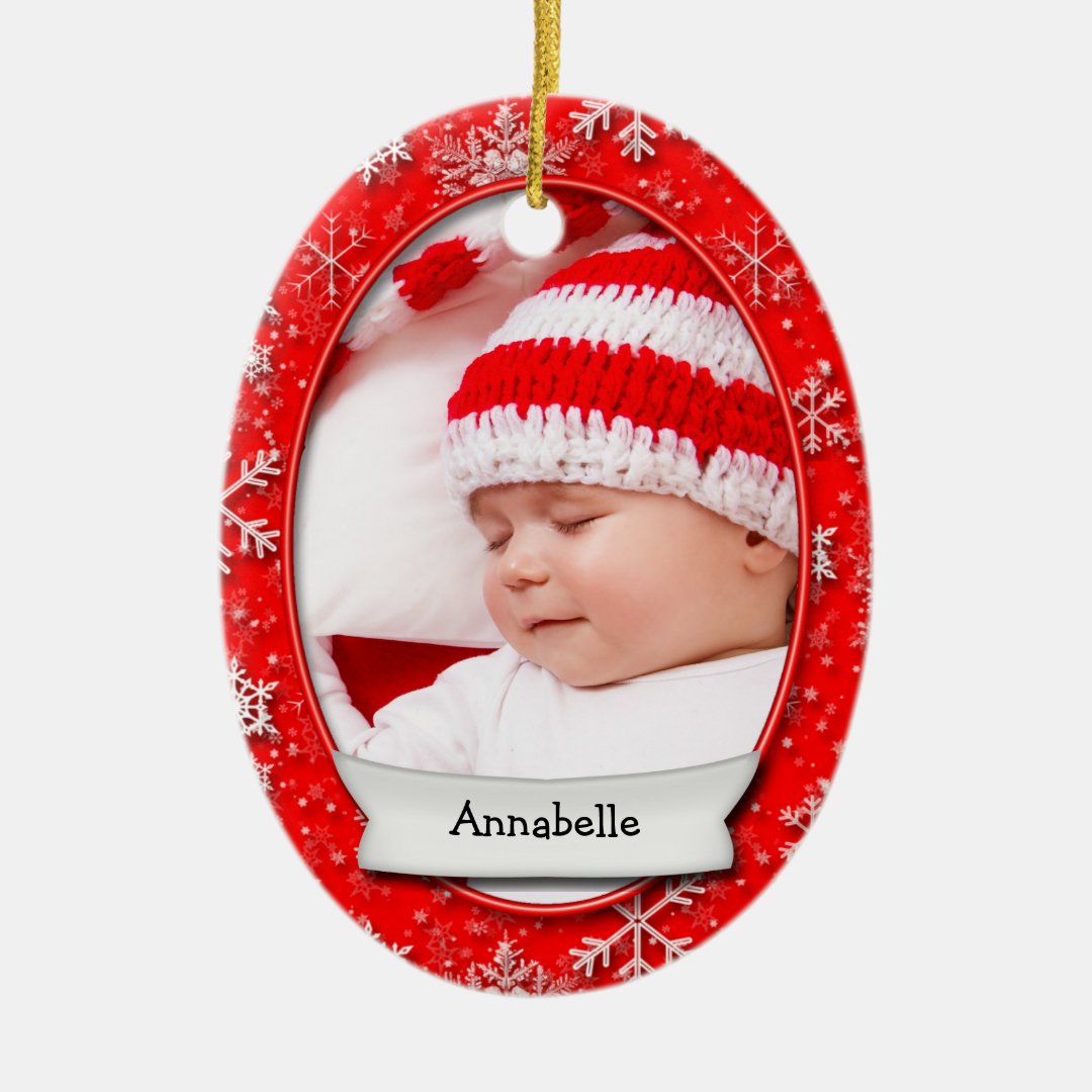 Christmas Dated Photo Red Snowflake ??? 2 Sided Ceramic Ornament Zazzle