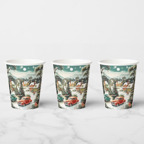 Christmas Day Homes Cars Pine Trees Mountains MCM Paper Cups