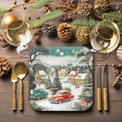 Christmas Day Homes Cars Pine Trees Mountains MCM Paper Plates