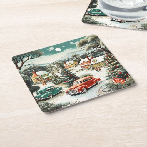 Christmas Day Homes Cars Pine Trees Mountains MCM Square Paper Coaster