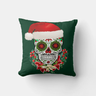 Christmas Day Of The Dead Sugar Skull Santa Hat Throw Pillow
