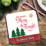 Christmas Days Be Merry Bright Tree Gold Star Name Beverage Coaster<br><div class="desc">“May your days be merry & bright.” A playful illustration of a red script typography quote and green trees, against gold glitter stars and rustic red country barn wood backgrounds, helps you usher in Christmas and New Year. Feel the warmth and joy of the holiday season whenever you relax with...</div>