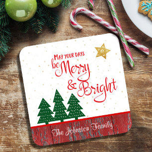 Christmas Days Be Merry Bright Tree Gold Star Name Beverage Coaster