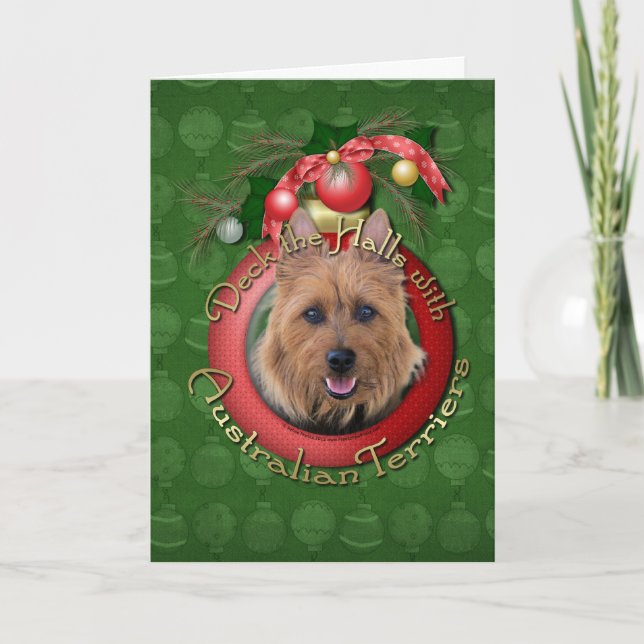 Christmas - Deck the Halls - Australian Terriers Holiday Card (Front)