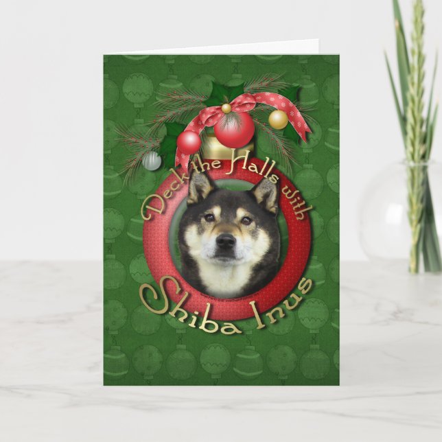 Christmas - Deck the Halls - Shiba Inus - Yasha Holiday Card (Front)