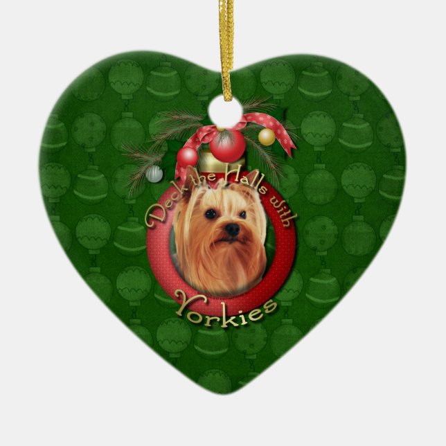 Christmas - Deck the Halls - Yorkshire Terrier Ceramic Ornament (Front)