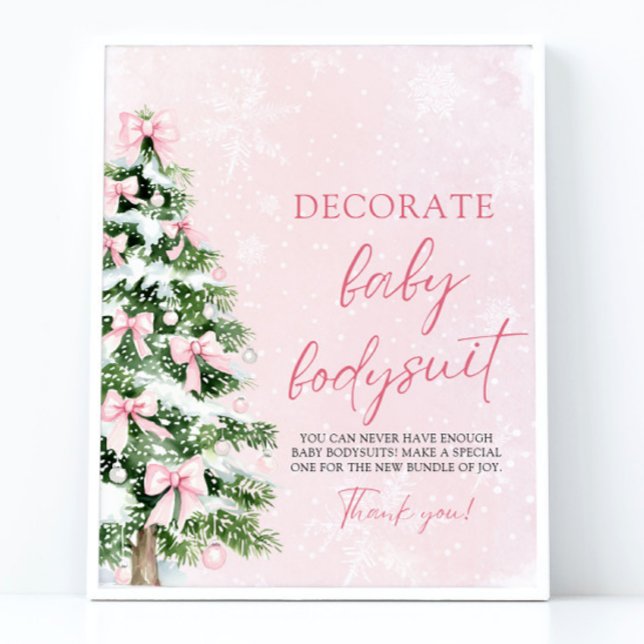 Christmas Decorate Baby Bodysuits Baby Shower Game Poster (Pink Bows Christmas Decorate Baby Bodysuits Baby Shower Game Sign)