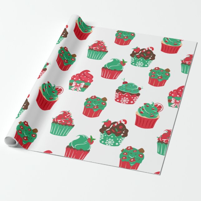 Christmas decorated cupcakes pattern wrapping paper (Unrolled)