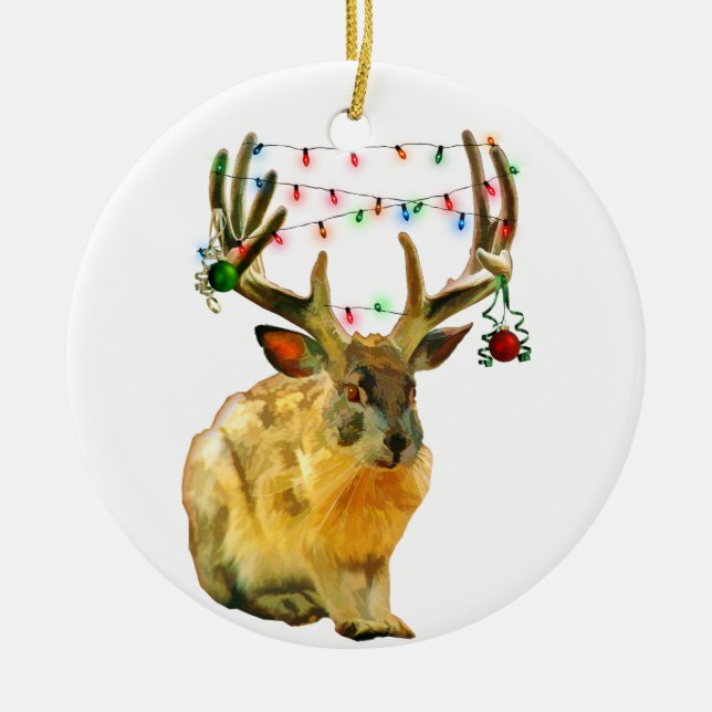 Christmas Decorated Jackalope Ceramic Ornament (Front)