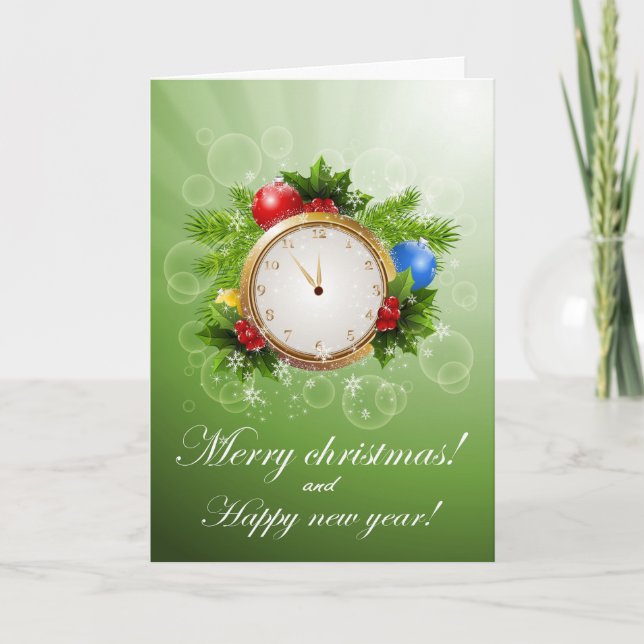 Christmas Decoration And Clock Holiday Card (Front)