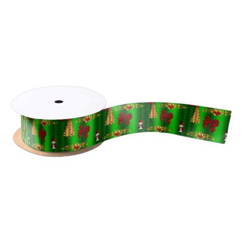 Christmas Decorations on Green Satin Ribbon