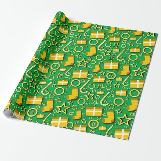 Christmas Decorations on Green Wrapping Paper (Unrolled)