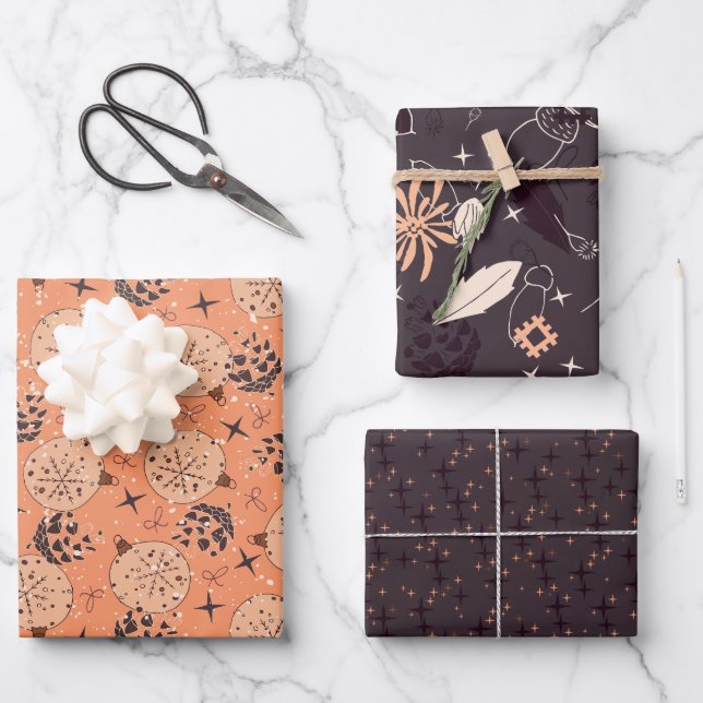 Christmas decorations, ornament, flowers, cones on wrapping paper sheets (Front)