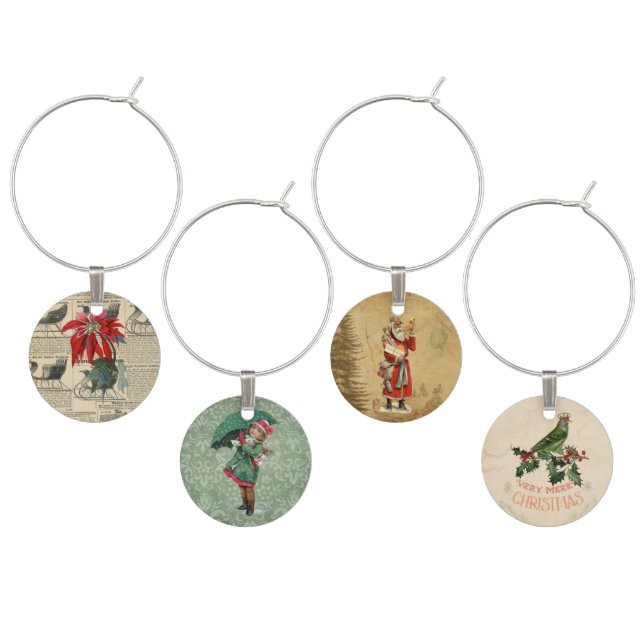 Christmas Decoupage Vintage Victorian Santa  Wine Charm (Staggered)