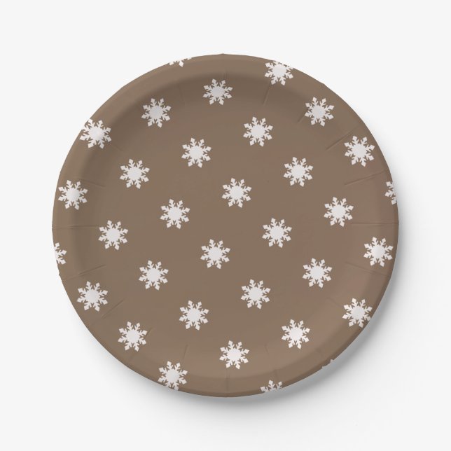 Christmas deep brown snowflake pattern  paper plates (Front)