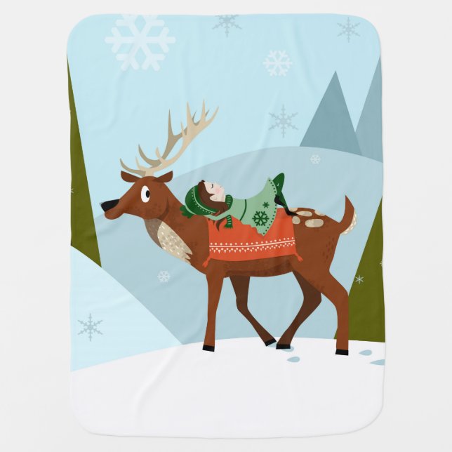 Christmas deer and elf on snowy mountains tops baby blanket (Front)