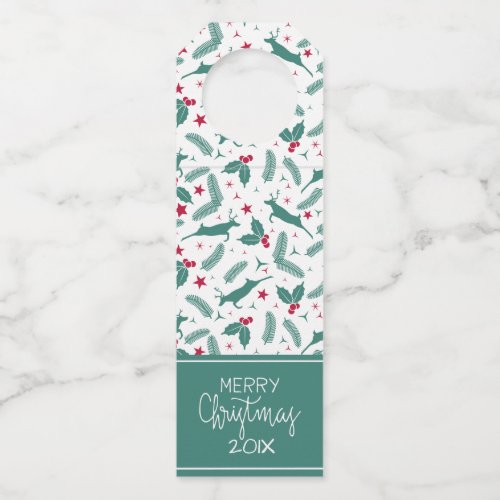 Christmas deer and holly pattern merry Christmas Bottle Hanger Tag