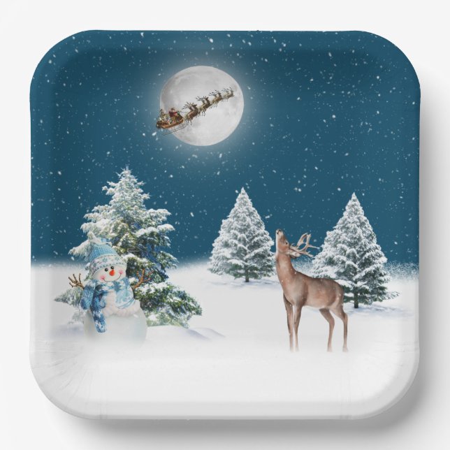Christmas Deer and Santa Claus Paper Plates (Front)