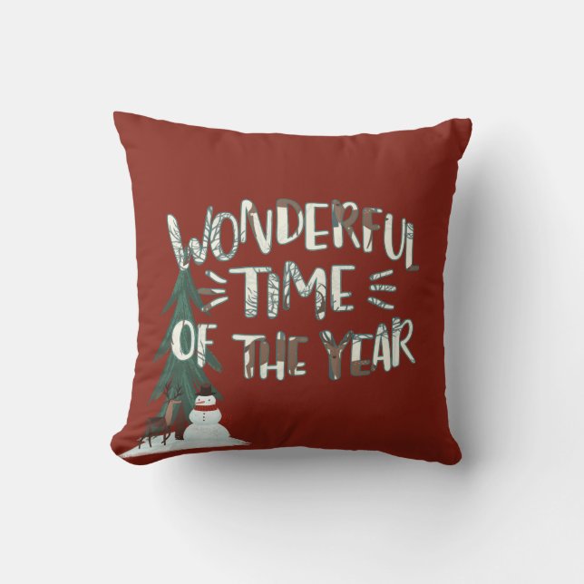 Christmas Deer and Snowman Throw Pillow (Front)