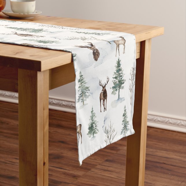 Christmas deer and snowy Christmas trees pattern Medium Table Runner (In Situ)