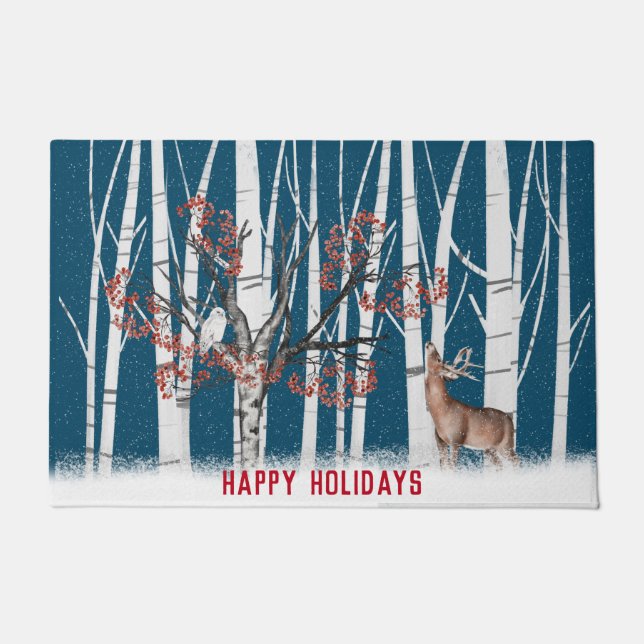 Christmas Deer And Snowy Owl Doormat (Front)
