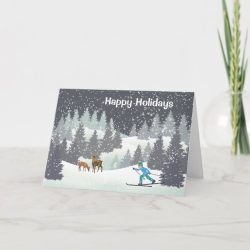 Christmas Deer and Winter Pines Holiday Card